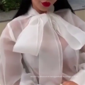 White Lantern Sleeve See Through Bowtie Thin Tulle Women Blouses 2019